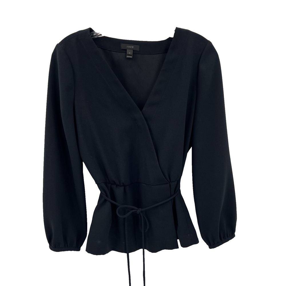J CREW Women's Size 4 Black Long-Sleeve V-Neck Faux-Wrap Belted Top Blouse Shirt
